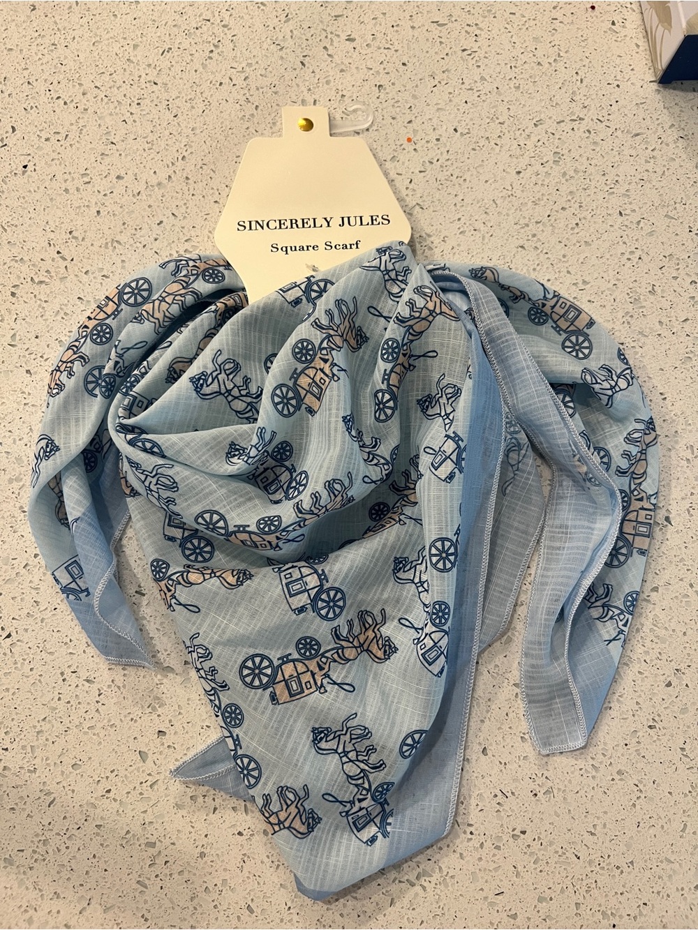 Sincerely Jules Light Blue Square Scarf with a coach Print